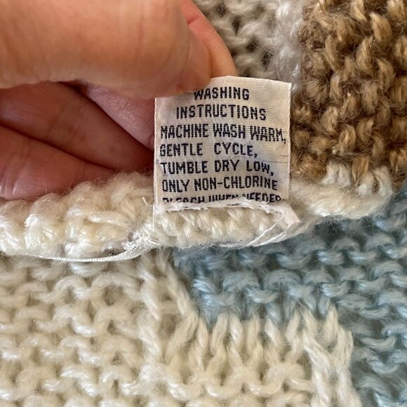 Vintage 80s Sharon Sports Knit Sweater S Acrylic Colorblock White Brown Blue - Picture 8 of 9